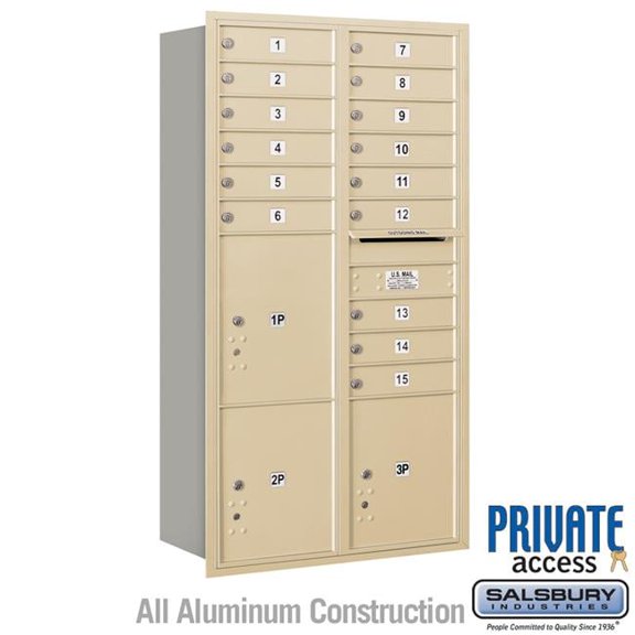 Salsbury Industries 31.125 x 57.125 x 16.5 in. Recessed Mounted 4C Horizontal Mailbox - Rear Loading - Private Access, Sandstone