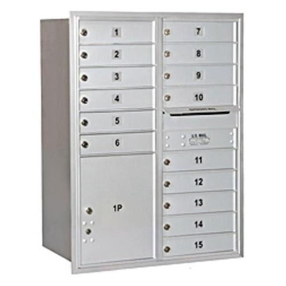 11 Door High Recessed Mounted 4C Horizontal Mailbox with 15 Doors and 1 Parcel Locker in Aluminum with USPS Access - Rear Loading