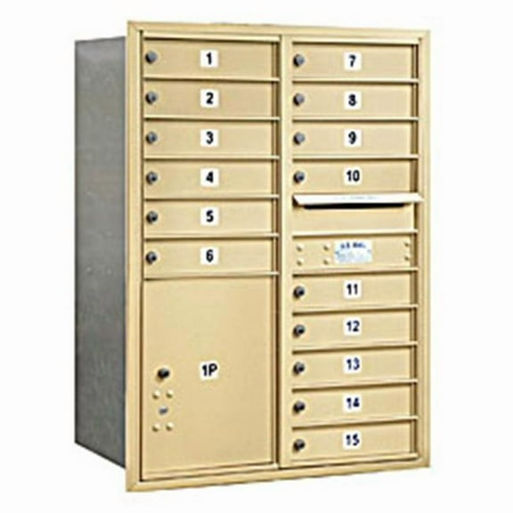 11 Door High Recessed Mounted 4C Horizontal Mailbox with 15 Doors and 1 Parcel Locker in Sandstone with USPS Access - Rear Loading