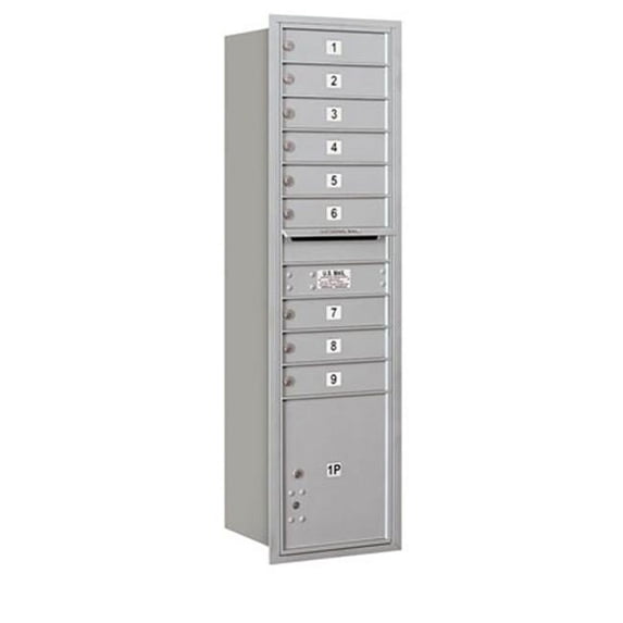 Maximum Height Recessed Mounted 4C Horizontal Mailbox with 9 Doors and 1 Parcel Locker in Aluminum with USPS Access - Rear Loading