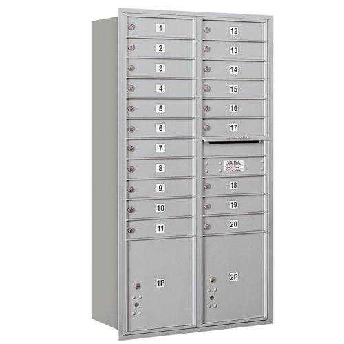 Maximum Height Recessed Mounted 4C Horizontal Mailbox with 20 Doors and 2 Parcel Lockers in Aluminum with USPS Access - Rear Loading