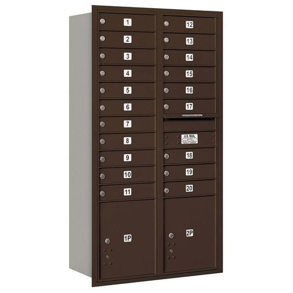 Maximum Height Recessed Mounted 4C Horizontal Mailbox with 20 Doors and 2 Parcel Lockers in Bronze with USPS Access - Rear Loading