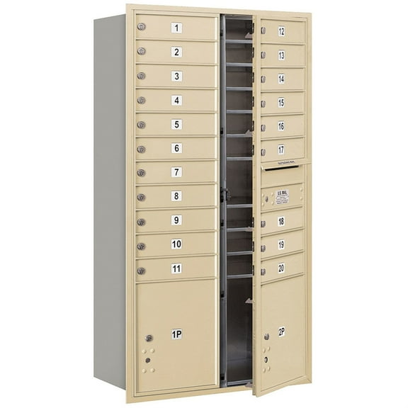 Maximum Height Recessed Mounted 4C Horizontal Mailbox with 20 Doors and 2 Parcel Lockers in Sandstone with USPS Access - Front Loading