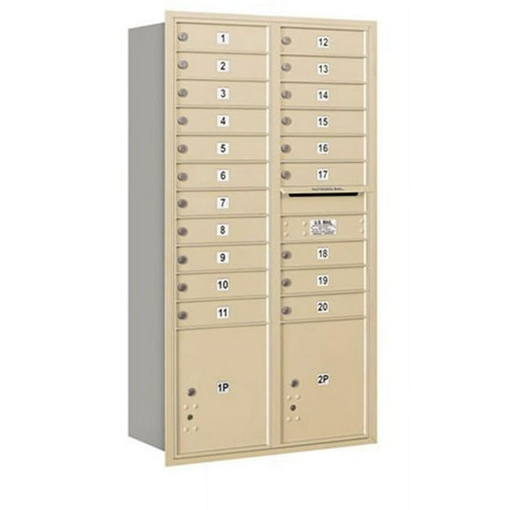 Maximum Height Recessed Mounted 4C Horizontal Mailbox with 20 Doors and 2 Parcel Lockers in Sandstone with USPS Access - Rear Loading