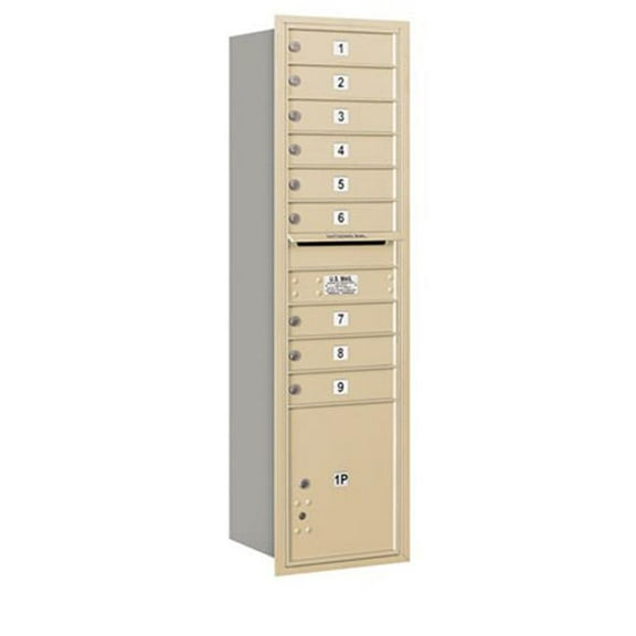 Maximum Height Recessed Mounted 4C Horizontal Mailbox with 9 Doors and 1 Parcel Locker in Sandstone with USPS Access - Rear Loading