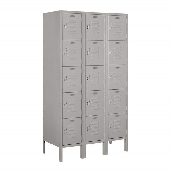 12" Wide Five Tier Box Style Standard Metal Locker - 3 Wide - 5 Feet High - 15 Inches Deep - Gray - Unassembled