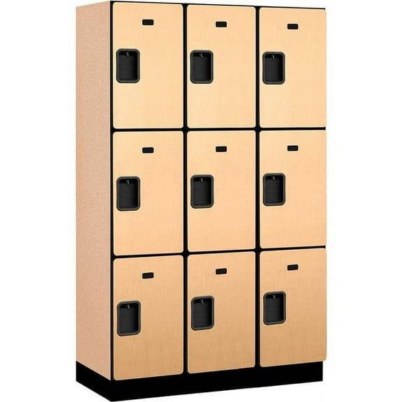 Salsbury Industries B2177459 Assembled Triple Tier 9 Door Extra Wide Wood Locker, Maple - 15 x 18 x 24 in.