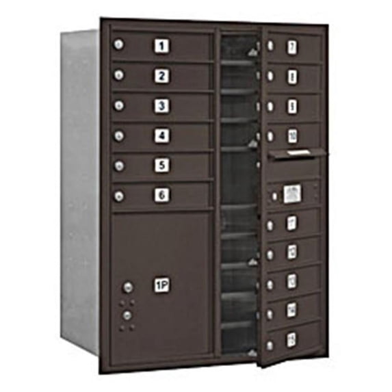 11 Door High Recessed Mounted 4C Horizontal Mailbox with 15 Doors and 1 Parcel Locker in Bronze with Private Access - Front Loading