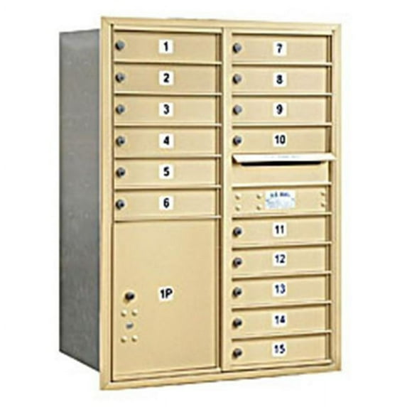 11 Door High Recessed Mounted 4C Horizontal Mailbox with 15 Doors and 1 Parcel Locker in Sandstone with Private Access - Rear Loading