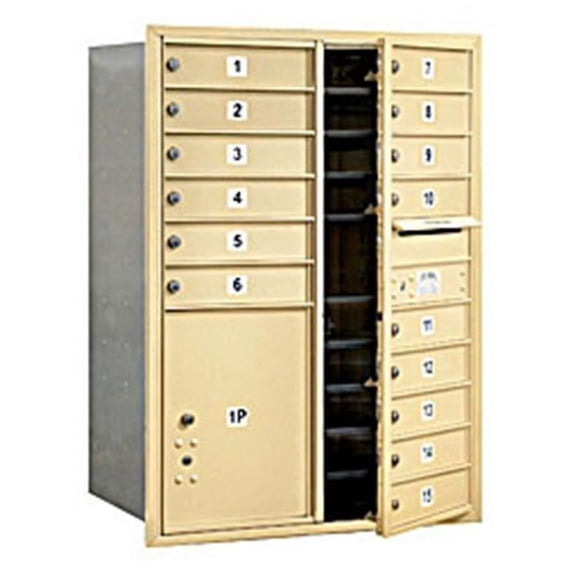 11 Door High Recessed Mounted 4C Horizontal Mailbox with 15 Doors and 1 Parcel Locker in Sandstone with Private Access - Front Loading
