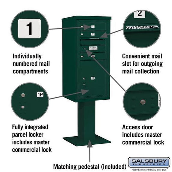 Salsbury Industries Pedestal Mounted 3 Units 5 Door Front Load 4C Horizontal Cluster Box Unit with 1 Parcel Locker