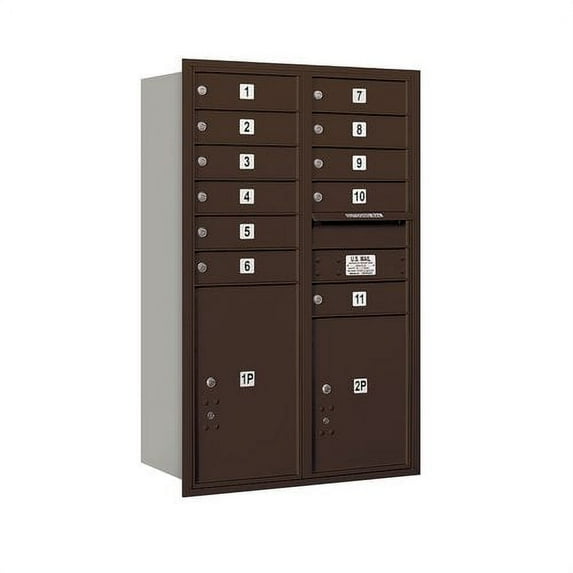 Salsbury Industries Recessed Private 11 Door Front Load or Rear Load 4C Horizontal Mail Center with 2 Parcel Lockers