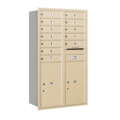 Salsbury Industries Recessed Private 12 Door Front Load or Rear Load 4C Horizontal Mail Center with 2 Parcel Lockers