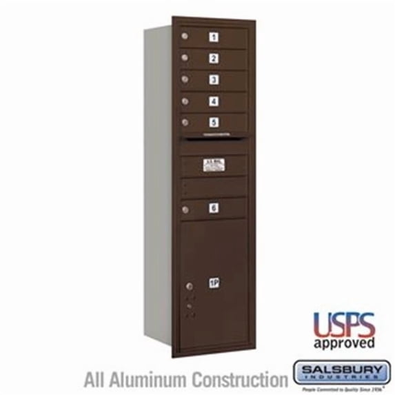 Salsbury 3715S-06ZRU Recessed Mounted 4C Horizontal Mailbox - 15 Door High Unit 55 in. - Single Column - 6 MB1 Doors & 1 PL6, Bronze - Rear Loading - USPS Access