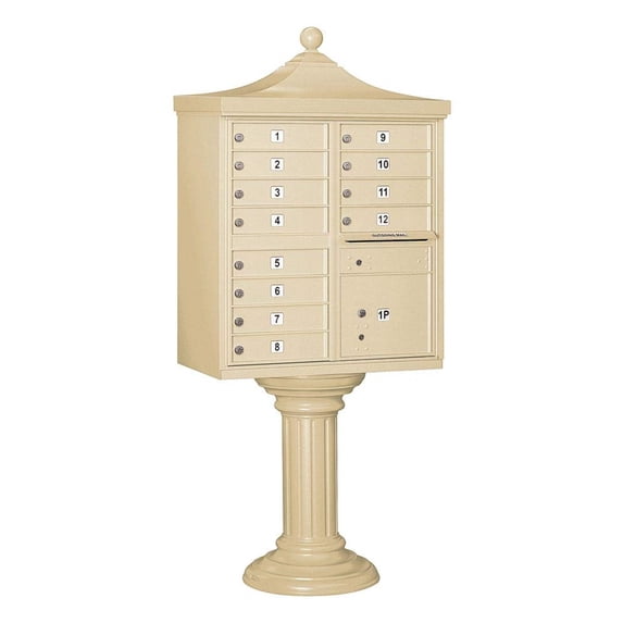 Regency Decorative Cluster Box Unit with 12 Doors and 1 Parcel Locker in Sandstone with USPS Access Type II