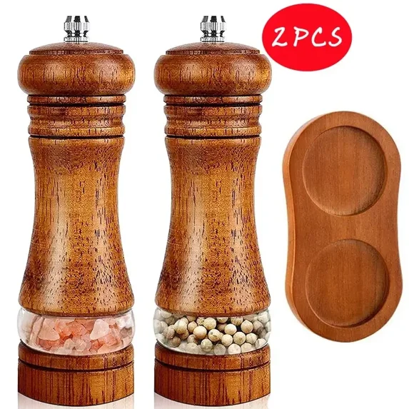 Salt And Core Freshly Solid Manual Inches Bottle 6 Pepper Mill Sets Ground Wood Grinder Seasoning Ceramic (2pc with Base1)