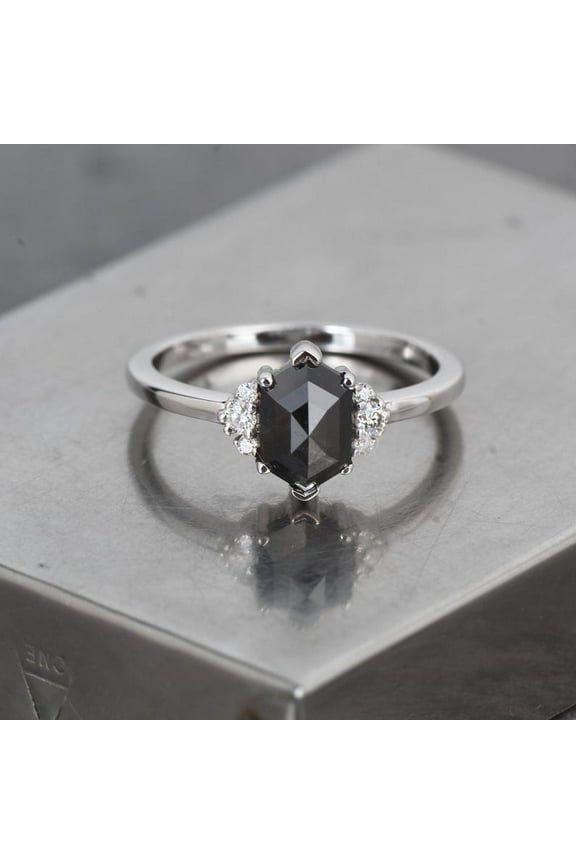 Salt And Pepper Black Hexagon Natural Diamond Ring Ring For Her Vintage Ring Three Stone Ring gift for her Birthday Gift For Her