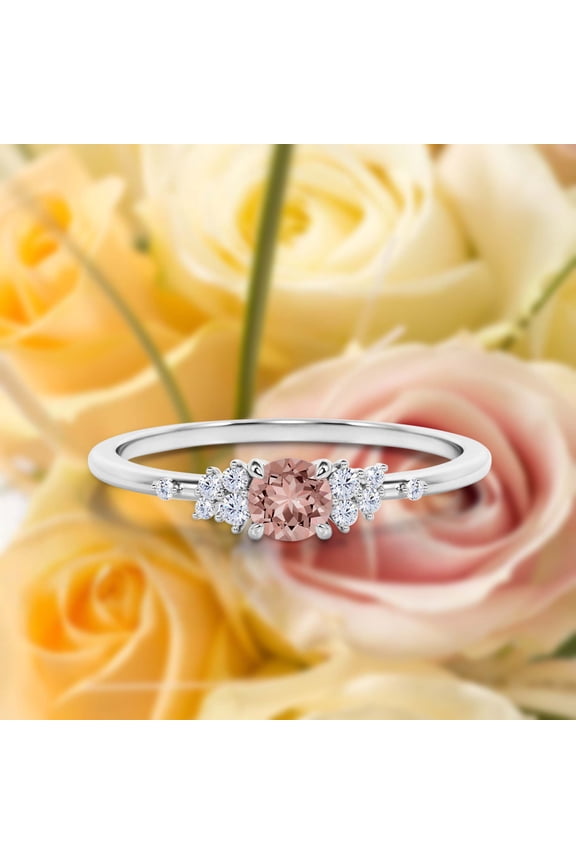 Salt And Pepper Minimalist 0.75 Carat Round Cut Morganite And Diamond Moissanite Engagement Ring, Dainty Wedding Ring in 10k Solid White Gold, Gift For Her, Promise Ring, Anniversary Ring