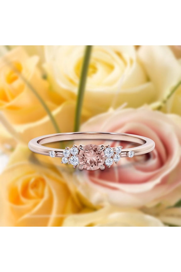 Salt And Pepper Minimalist 0.75 Carat Round Cut Morganite And Diamond Moissanite Engagement Ring, Dainty Wedding Ring in 925 Sterling Silver With Rose Gold Plating, Promise Ring, Anniversary Ring