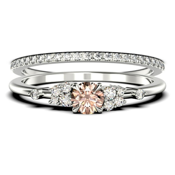 Salt And Pepper Minimalist 1.25 Carat Round Cut Morganite And Diamond Moissanite Engagement Ring, Dainty Wedding Ring In 10K Solid White Gold, Promise Ring, Anniversary Ring, Bridal Set