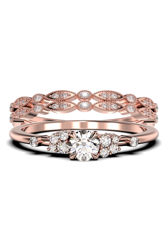 Salt And Pepper Minimalist 1.75 Carat Round Cut Diamond Moissanite Engagement Ring, Dainty Wedding Ring in 10k Solid Rose Gold, Promise Ring, Anniversary Ring, Trio Set, Matching Band