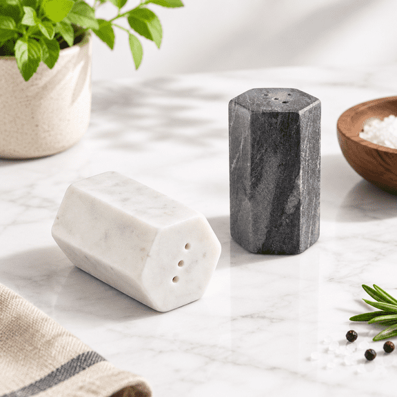 Salt And Pepper Shakers Set | Handcrafted White & Black Marble Spice For Kitchen Dining Table Elegant Seasoning Dispenser Heavy Du