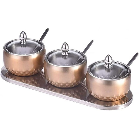 Salt Box Spice Jars with Lids,Spoons and Non-Slip Base Sugar Bowls 3 Pcs Condiment Pots for Kitchen Home Restaurant-Golden
