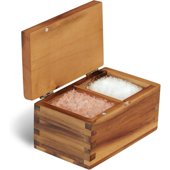 Salt Cellar Acacia Wood Salt Box with Flip Lid, 5.6x3.6x3 Inches 20 oz Large Storage Space, Perfect Container for Keeping Salt, Spice, Herbs or Favorite Seasonings (Dark Brown)