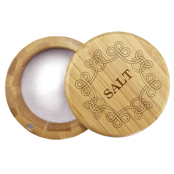 Salt Cellar Bamboo Storage Box with Magnetic Swivel Lid, 6 Ounce Capacity, Celtic Knot Engraved on Lid