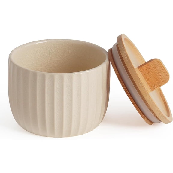 Salt Cellar Keeper with Bamboo Lid, 14oz Big Capacity Ceramic Sugar Bowls Pepper Box, Crackle Glaze Seasoning Container Condiment Pot for Kitchen, (Cream Color), 44