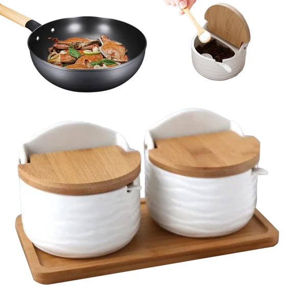 Salt Cellar With Lid, 2x Ceramic Keeper Wooden Spoon Seasoning Box, Kitchen Storage Jar, Holder for Counter