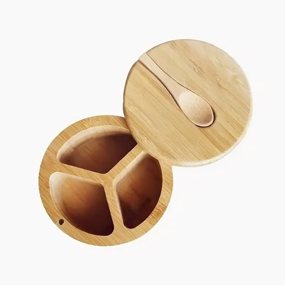 Salt Cellar with Built, in Spoon and Magnetic Swivel Lid, Three Compartment Spice Storage Box for Salt and Pepper