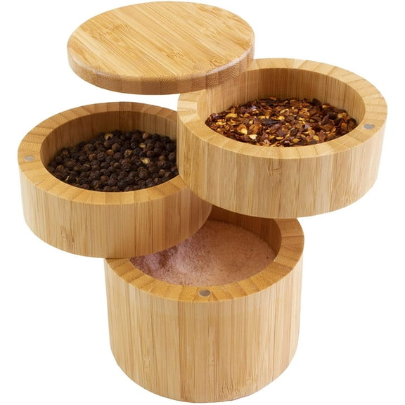 Salt Cellar with Lid, Bamboo Salt Container with Magnetic Swivel Closure, Wooden Storage Box for Kitchen Countertop, 6 Oz