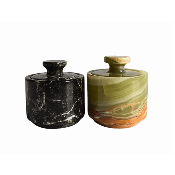 Marblevista Salt Cellar with Lid 3" Set of 2 - Marble Pepper Jar for Herbs & Sugar, Decorative Kitchen Storage Container for Countertop