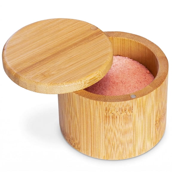 Salt Cellar with Swivel Lid - Wooden Salt Container, Bamboo Spice Box for Kitchen Countertop, Magnetic Closure, 6 Oz