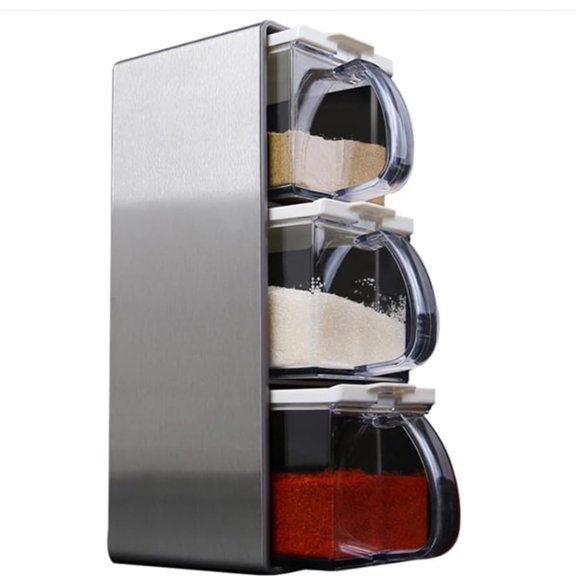 Salt Container With Lid And Spoon, Clear Seasoning Rack Spice Pots, 3 Piece Seasoning Box For Home Kitchen Caf Storing Salt Sugar Pepper Spice (3 Pieces)