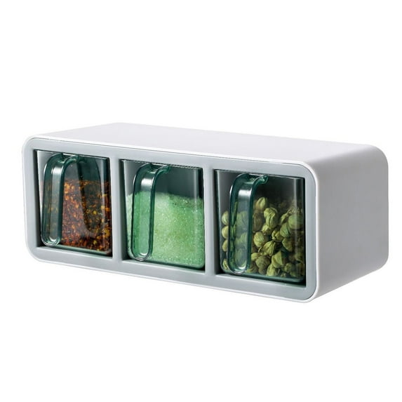 Salt Container With Lid And Spoon, Clear Seasoning Rack Spice Pots, 3 Piece Seasoning Box For Home Kitchen Café Storing Salt Sugar Pepper Spice Horizontal and Vertical Wall Hanging - Grey & Green