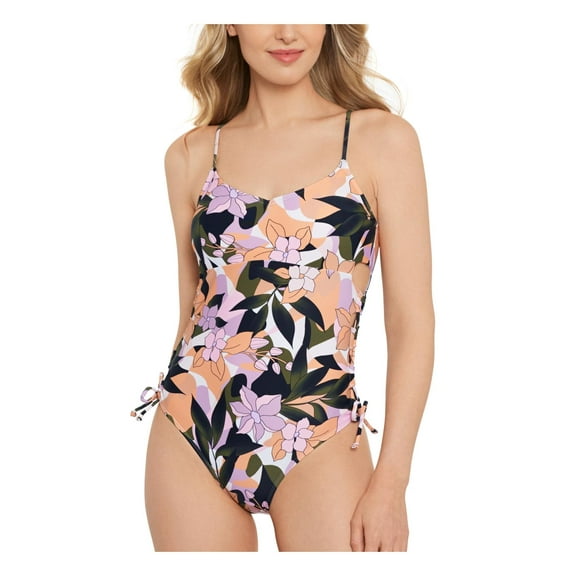 Salt + Cove Womens Juniors Floral Print Lace-Up One-Piece Swimsuit