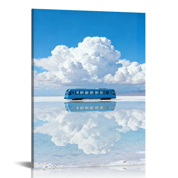 Salt Flat Mirror Blue Train Healing Sky Scene Printed Canvas Wall Art (Hidden Wooden Frame) - Fresh Ambiance Decor for Living Room, Study & Bedroom