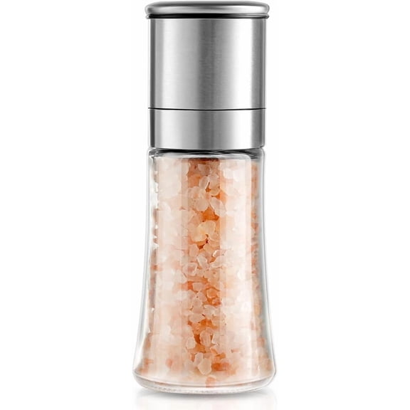 Dompilc Salt and Pepper Grinder, Single Manual Mill with Adjustable Coarseness, Stainless Steel Top and Clear Glass Body for Himalayan Salt, Peppercorns