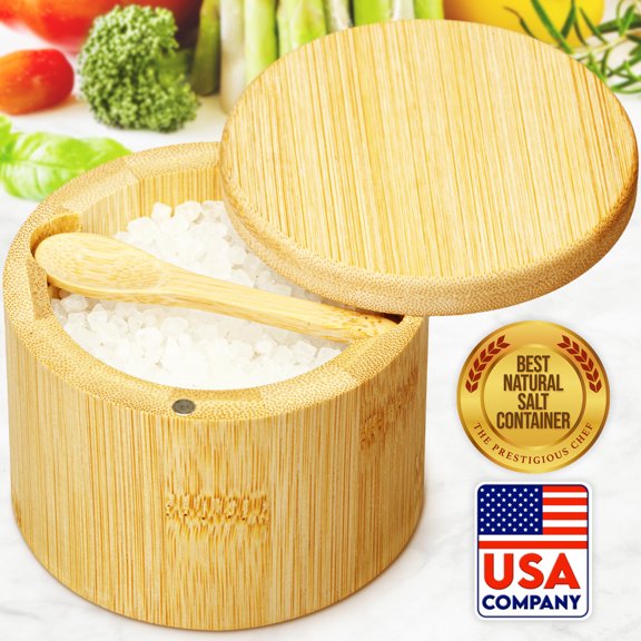 Salt Jar with Lid & Spoon Holder, Bamboo Cellar for Countertop, Spice & Seasoning Storage