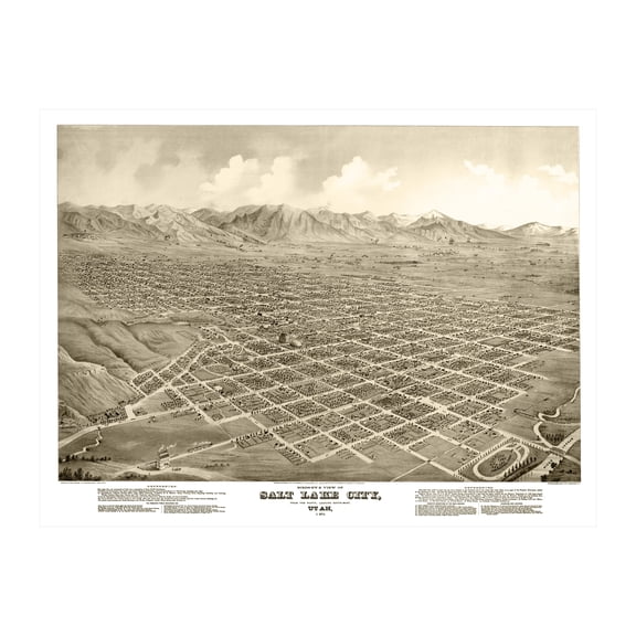 Salt Lake City Art, 1875 Vintage Map of Salt Lake City Utah, UT History Wall Decor Gift, Old Salt Lake City Map - 36" x 24" Unframed Print