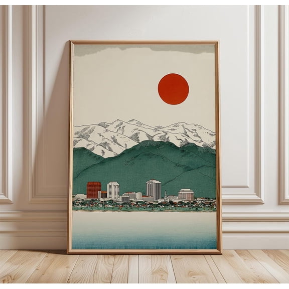 Salt Lake City Skyline Red Sun Mountain View Art Utah Landscape Print, Unframed Paper Print
