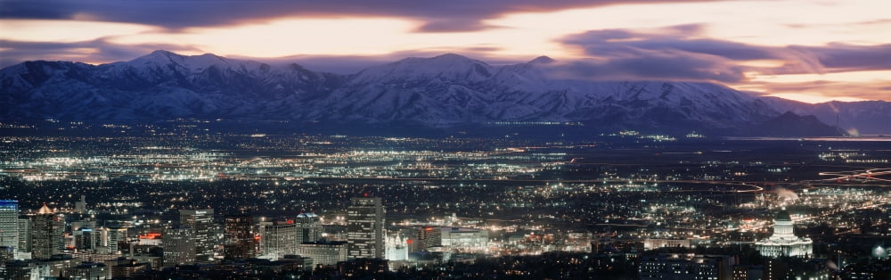 Salt Lake CityUtah skyline at night Canvas Art - Panoramic Images (27 x 9)