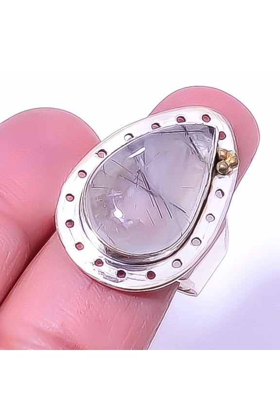 Salt Paper Rutilated Quartz-Srilanka 925 Sterling Silver Ring s.9.5 T57, Christmas Gift, Gemstone Silver Jewelry, Quartz Ring, New Year Sale