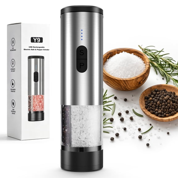 Salt Pepper Electric Grinder Dual Chamber, Rechargeable Adjustable Spice Mill with Battery Indicator, Ceramic Grinding Head Quiet Anti-Jam Portable Seasoning Tool