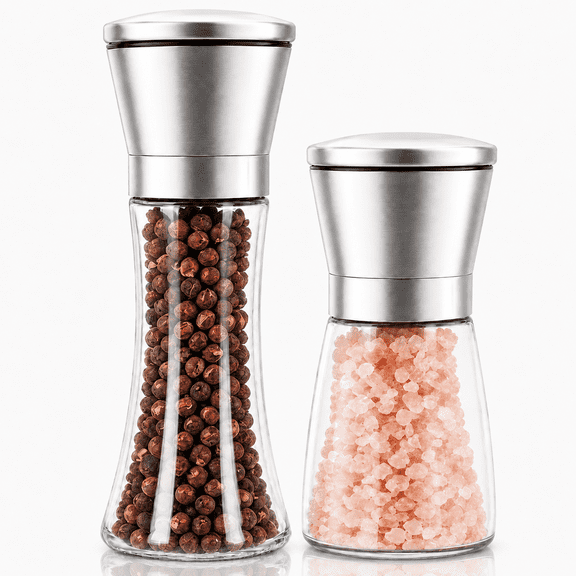 Salt and Pepper Grinder Set of 2, Adjustable Stainless Steel Glass Mills