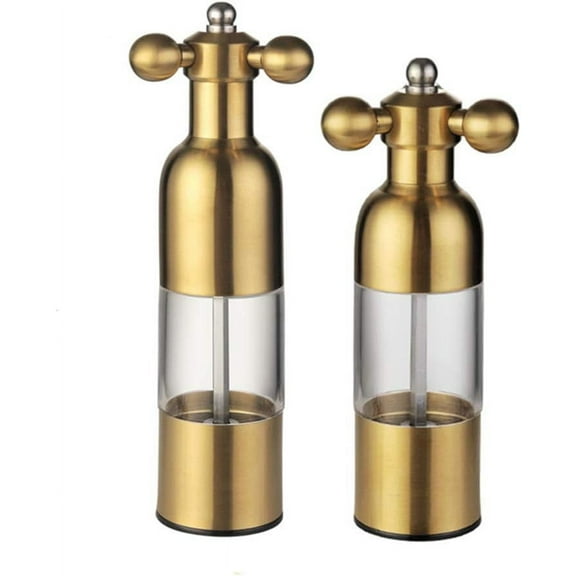 Salt and Pepper Grinder, Manual Stainless Steel Faucet Salt Shakers Mill with Handle, Refillable Adjustable Coarseness, for Home, Restaurant, BBQ,Gold,2PC