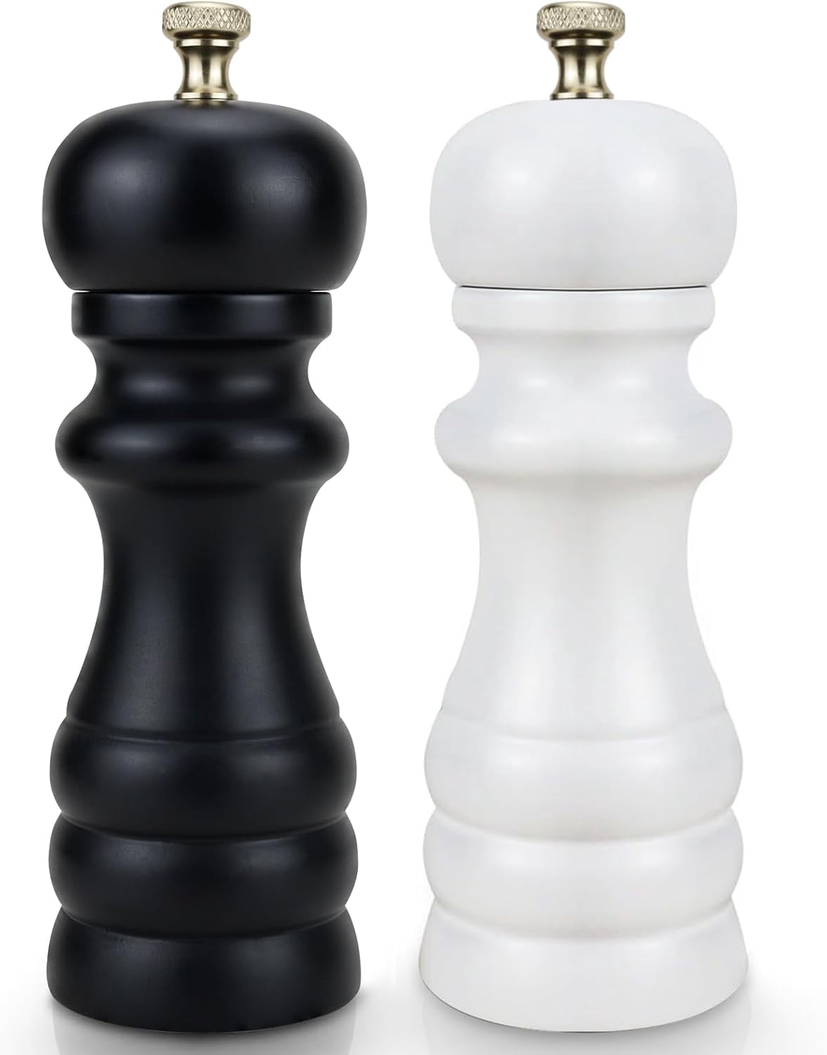 Salt and Pepper Grinder Set of 2, Manual Salt Mill & Pepper Mills with Adjustable Coarseness, Refillable Wood Spice Shakers, Kitchen Accessories for Chili, Sesame, Himalayan (Black and White)