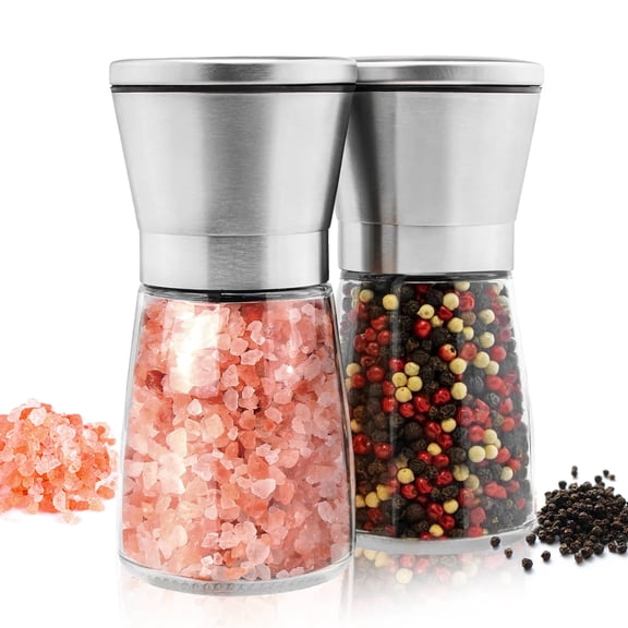 Salt and Pepper Grinder Set of 2, Stainless Steel & Glass Salt Grinder with Adjustable Coarseness, Refillable Spice Shakers for Kitchen Cooking & Dining